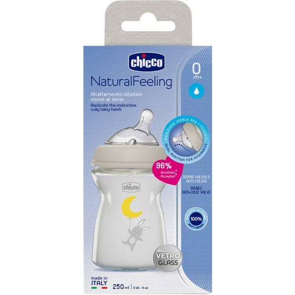 Chicco Natural Feeling Γυάλινο Μπιμπερό Με Θηλή Σιλικόνης 0m+ 250ml