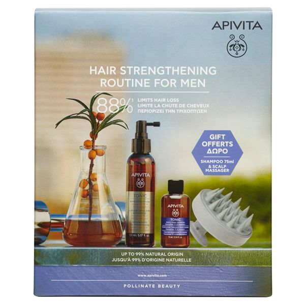 Apivita Set με Tonic Λοσιόν Κατά της Ανδρικής Τριχόπτωσης 150 ml, Τονωτικό Σαμπουάν 75 ml και Βούρτσα για Μασάζ στο Τριχωτό