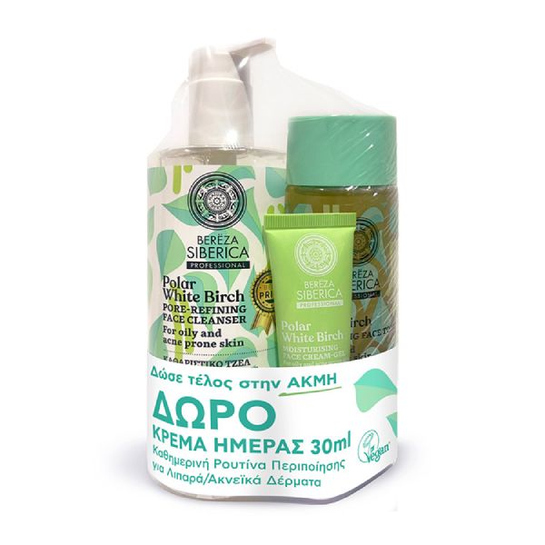 Bereza Siberica Polar White Birch Set Προσώπου Κατά της Ακμής με Καθαριστικό Τζέλ 400 ml και Τονωτική Λοσιόν Εξισορρόπησης 200 ml και ΔΩΡΟ Ενυδατική 24ωρη Κρέμα Τζελ 30 ml