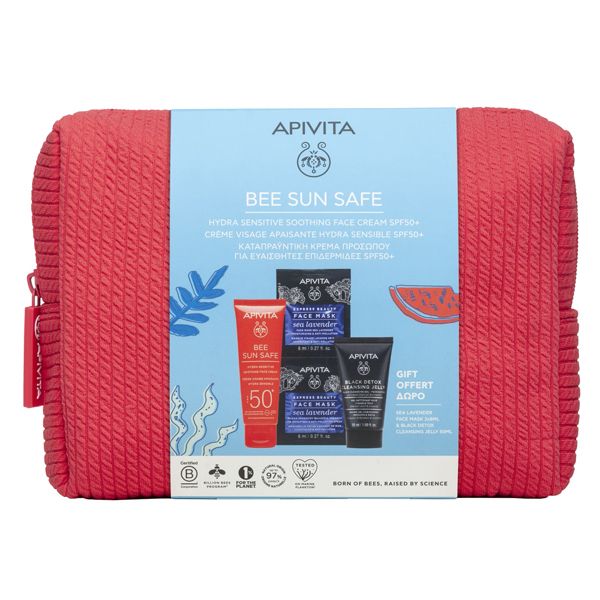 Apivita Bee Sun Safe Set με Αντηλιακή Καταπραϋντική Κρέμα Προσώπου για Ευαίσθητες Επιδερμίδες Spf50 50 ml και Δώρο Μάσκα Προσώπου 2 x 8 ml και Black Detox Cleansing Gel 50 ml