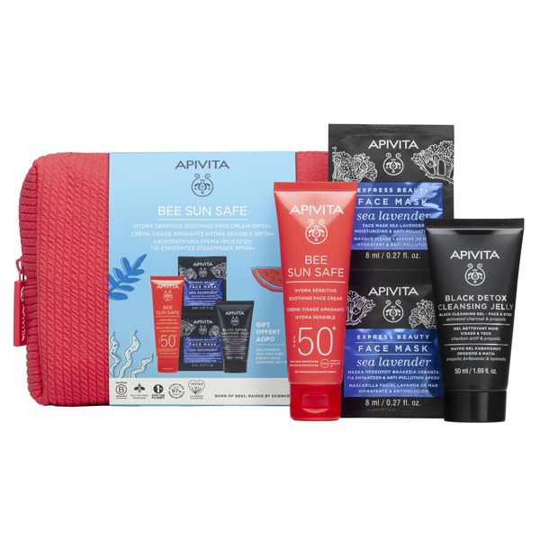 Apivita Bee Sun Safe Set με Αντηλιακή Καταπραϋντική Κρέμα Προσώπου για Ευαίσθητες Επιδερμίδες Spf50 50 ml και Δώρο Μάσκα Προσώπου 2 x 8 ml και Black Detox Cleansing Gel 50 ml
