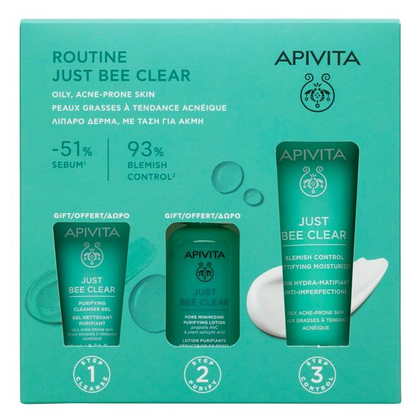 Apivita Just Bee Clear Set με Κρέμα-Gel κατά των Ατελειών 40 ml και Δώρο Λοσιόν Σύσφιγξης Πόρων 50ml και Gel Καθαρισμού 15 ml