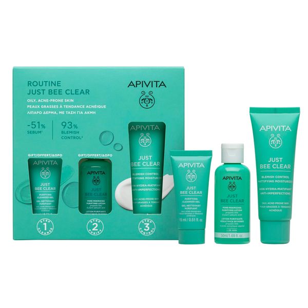Apivita Just Bee Clear Set με Κρέμα-Gel κατά των Ατελειών 40 ml και Δώρο Λοσιόν Σύσφιγξης Πόρων 50ml και Gel Καθαρισμού 15 ml
